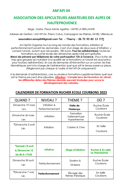 Calendrier de formation au Rucher Ecole 2023 Courbons Page 1
