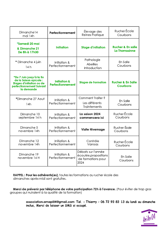 Calendrier de formation au Rucher Ecole 2023 Courbons Page 2